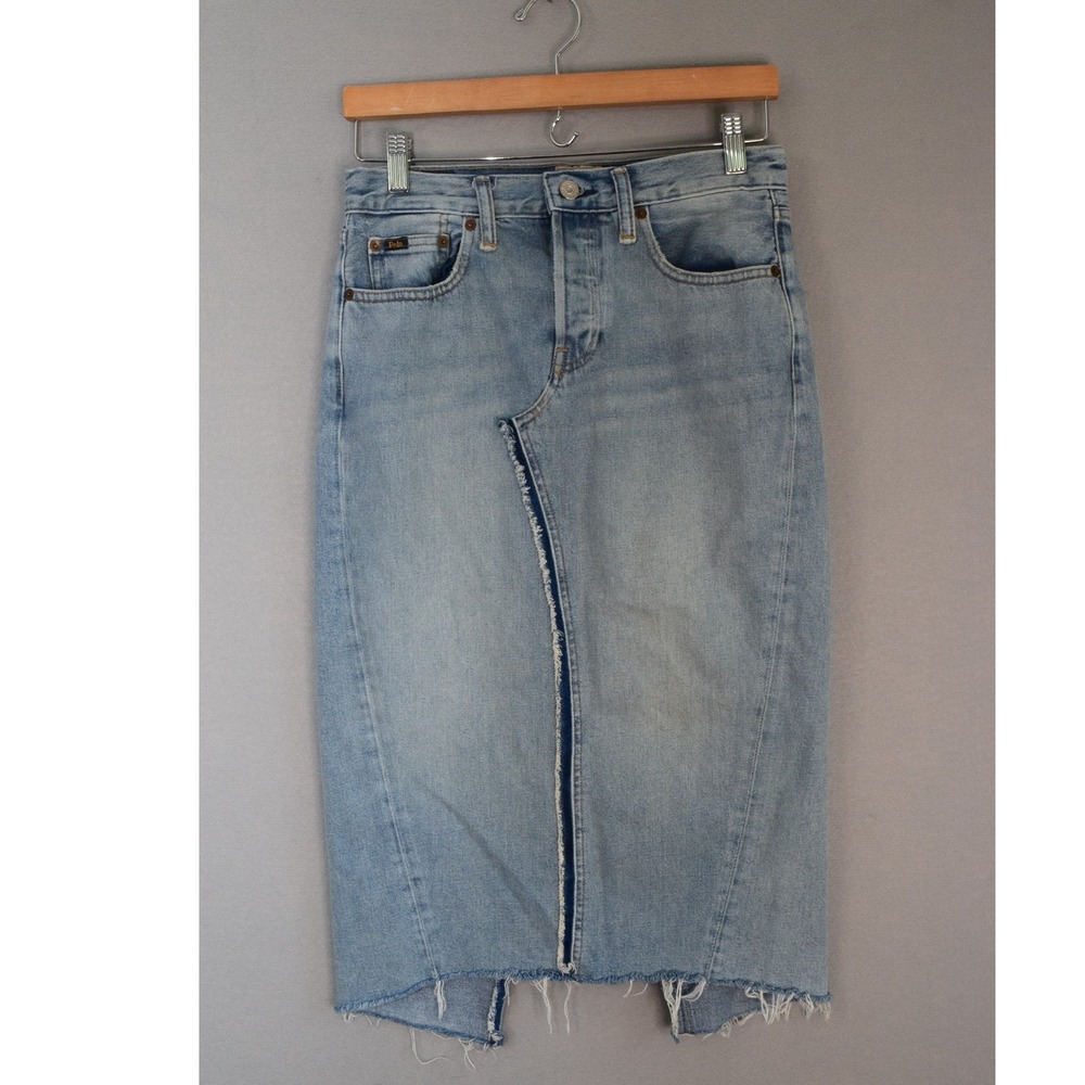 Polo Ralph Lauren Denim Skirt 27 Light Wash Distressed Midi Womens Raw Hem